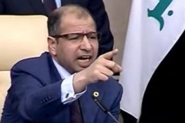 Iraqi Parliament Speaker Salim al-Jabouri speaks to Iraqi lawmakers at the parliament headquarters in Baghdad, Iraq in this still image from April 26, 2016 video footage. Iraqiya TV via Reuters TV/Handout via REUTERS ATTENTION EDITORS - THIS IMAGE WAS PROVIDED BY A THIRD PARTY. EDITORIAL USE ONLY. NO RESALES. NO ARCHIVE.