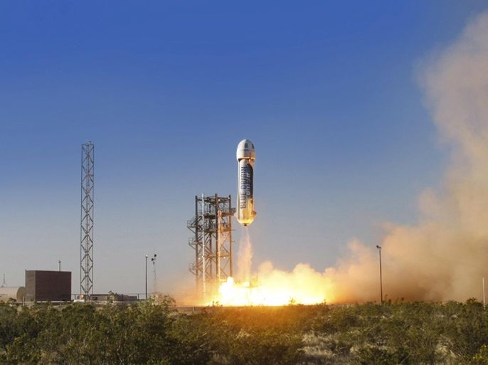 The New Shepard space vehicle blasts off on its first developmental test flight over Blue Origin's west Texas launch site in this handout provided by Blue Origin April 30, 2015. Blue Origin, a startup space company owned by Amazon.com chief Jeff Bezos, launched the experimental sub-orbital spaceship from Texas, the first in a series of test flights to develop commercial unmanned and passenger spaceflight services, the company said Thursday. REUTERS/Blue Origin/Handout via Reuters ATTENTION EDITORS - THIS PICTURE WAS PROVIDED BY A THIRD PARTY. REUTERS IS UNABLE TO INDEPENDENTLY VERIFY THE AUTHENTICITY, CONTENT, LOCATION OR DATE OF THIS IMAGE. THIS PICTURE IS DISTRIBUTED EXACTLY AS RECEIVED BY REUTERS, AS A SERVICE TO CLIENTS. FOR EDITORIAL USE ONLY. NOT FOR SALE FOR MARKETING OR ADVERTISING CAMPAIGN. NO SALES. NO ARCHIVES. TPX IMAGES OF THE DAY