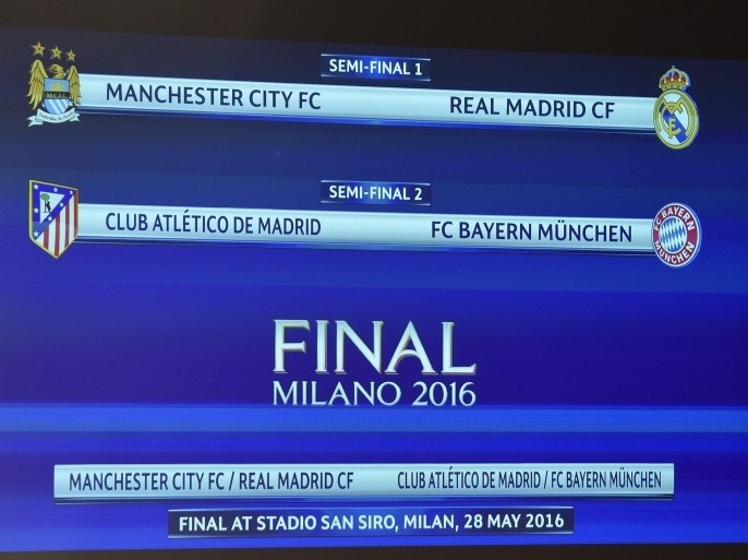 Results of the draw for the semi-final matches of the UEFA Champions League 2015/16 season, at the UEFA Headquarters in Nyon, Switzerland, 15 April 2016.
