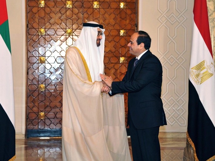 A handout picture made available by the Office of the Egyptian President shows the Crown Prince of Abu Dhabi, Sheikh Mohammad bin Zayid al-Nahyan (L), shaking hands with the Egyptian President, Abdel Fattah al-Sisi (R), while on a trip to Cairo, Egypt, 11 March 2015. According to local reports the Crown Prince met the President to discuss preparations for the three day foreign investor summit taking place in the Egyptian Red Sea resort of Sharm al-Sheikh 13 to 15 March 2015, which is slated to be attended by amongst others US Secretary of State, John Kerry, British Foreign Secretary, Philip Hammond, and the head of the International Monetary Fund, Christine Lagarde. EPA/OFFICE OF THE EGYPTIAN PRESIDENT / HANDOUT