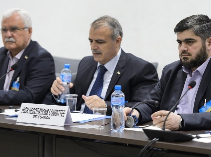 Syrian opposition body (HCN) delegation member George Sabra (L-R), delegation head Asaad al-Zoabi and Chief negotiator, Army of Islam rebel group's Mohammed Alloush, attend a meeting on Syria peace talks with UN Syria Envoy at the European headquarters of the United Nations in Geneva, Switzerland, 15 April 2016. Delegations met for a fresh rounds of intra-Syrian peace talks.