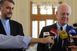 UN Envoy to Syria, Staffan de Mistura (R) speaks to reporters as Iran's Deputy Foreign Minister for Arab and African Affairs Hossein Amir-Abdollahian looks on in Tehran, Iran, 12 April 2016. The special envoy is visiting the region ahead of a new round of peace talks on the Syrian conflict that will begin on April 13.