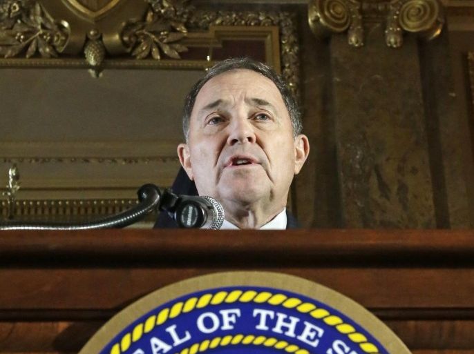 Utah Gov. Gary Herbert speaks during a ceremonial signing of a state resolution declaring pornography a public health crisis, Tuesday, April 19, 2016, in Salt Lake City. Herbert recognized it's a bold assertion but said Utah wants to take the lead sounding a voice of warning about the harms of pornography. (AP Photo/Rick Bowmer)