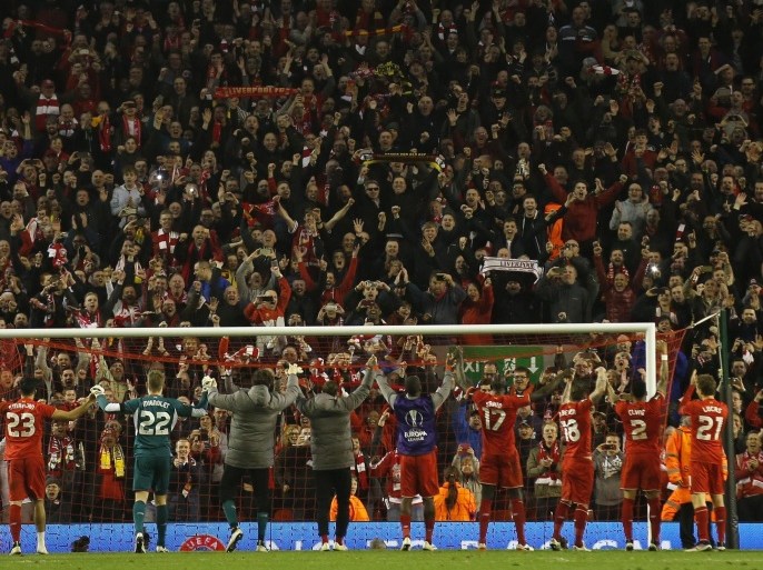 Football Soccer - Liverpool v Borussia Dortmund - UEFA Europa League Quarter Final Second Leg - Anfield, Liverpool, England - 14/4/16 Liverpool players celebrate with the fans after winning the match Action Images via Reuters / Carl Recine Livepic EDITORIAL USE ONLY.