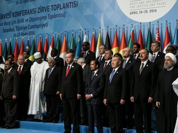 Leaders and representatives of Islamic countries pose for a family photo during the opening of the 13th Organization of Islamic Cooperation, OIC, Summit in Istanbul, Thursday, April 14, 2016. Turkey hosts the two-day 13th OIC Summit with presidents, prime ministers and ministers attending to discuss several issues. (Anadolu Agency/ Pool via AP)