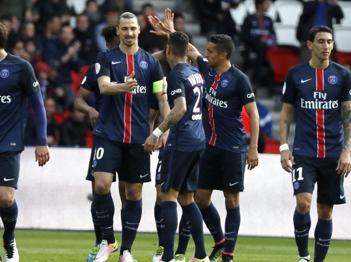 Paris Saint Germain player Zlatan Ibrahimovic celebrates his goal during the soccer league 1 match between Paris Saint Germain (PSG) and SM Caen at the Parc des Princes stadium in Paris, France, 16 April 2016.