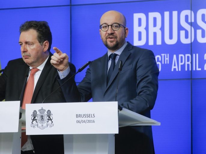 Belgian Prime Minister Charles Michel (R) and Minister-President of Brussels Region Rudi Vervoort give a press conference two weeks after the Brussels terrorist attacks, in Brussels, Belgium, 06 April 2016. At least 31 people were killed and hundreds injured in the Brussels terrorist attacks, for which the Islamic State (IS) claimed responsibility.