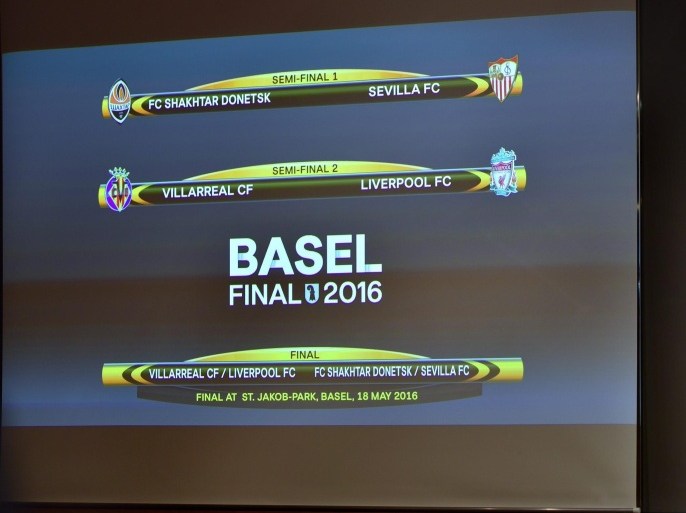 Results of the draw for the semi-final matches of the UEFA Europa League 2015/16 season, at the UEFA Headquarters in Nyon, Switzerland, 15 April 2016.
