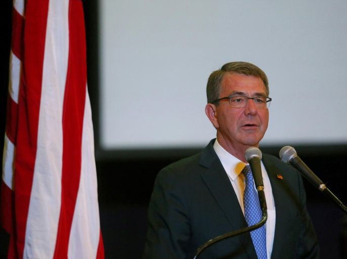 U.S. Defense Secretary Ash Carter addresses top military and defense officials during the closing ceremony of the 11-day joint U.S.-Philippines military exercise dubbed "Balikatan 2016" (Shoulder-To-Shoulder 2016) Friday, April 15, 2016 at Camp Aguinaldo in suburban Quezon city, northeast of Manila, Philippines. Carter is visiting the aircraft carrier USS John C. Stennis sailing in the South China Sea Friday. (AP Photo/Bullit Marquez)