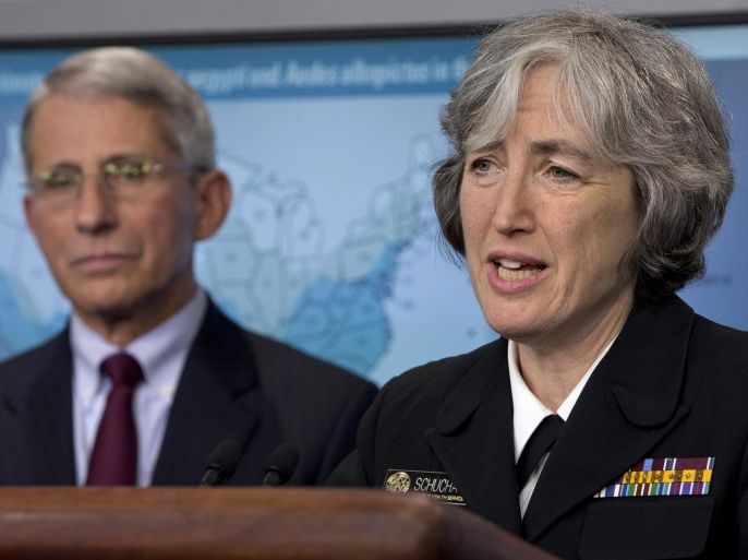 Dr. Anne Schuchat, principal deputy director of the Center for Disease Control, right, speaks about the Zika virus, accompanied by Dr. Anthony Fauci, director of NIH/NIAID, Monday, April 11, 2016, during the news briefing at the White House in Washington. (AP Photo/Jacquelyn Martin)