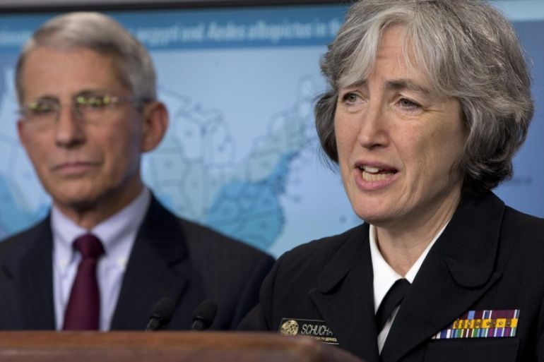 Dr. Anne Schuchat, principal deputy director of the Center for Disease Control, right, speaks about the Zika virus, accompanied by Dr. Anthony Fauci, director of NIH/NIAID, Monday, April 11, 2016, during the news briefing at the White House in Washington. (AP Photo/Jacquelyn Martin)