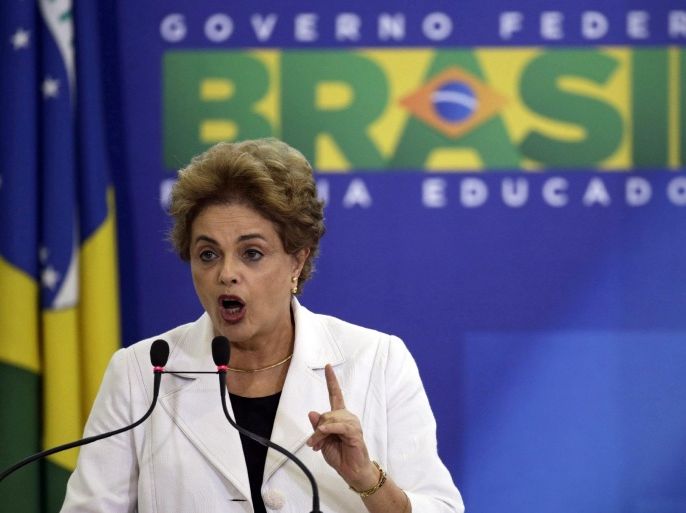 Brazilian President Dilma Rousseff speaks to students and teachers at Planalto Palace in Brasilia, Brazil, 12 April 2016. Brazilian Vice President Michel Temer mistakenly divulged on 11 April an audio recording of remarks he apparently plans to deliver in the event he becomes acting president for six months following a decision by Congress to proceed with impeaching head of state Dilma Rousseff. If the lower house and then the Senate give the green light to impeachment, Rousseff will have to step down from the presidency for 180 days, which is the period the Senate is allocated to put her on trial.