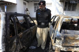 Pakistani security official inspects the scene of a suicide bomb attack that targeted the local court in Charsadda, Pakistan, 07 March 2016. At least eight people were killed when a suicide bomber targeted local court premises in the Shabqadar area of Charsadda district during rush hour. A Taliban splinter group claimed responsibility for the attack as revenge for the execution of Mumtaz Qadri, who killed a provincial governor in 2011 in a row over blasphemy laws.