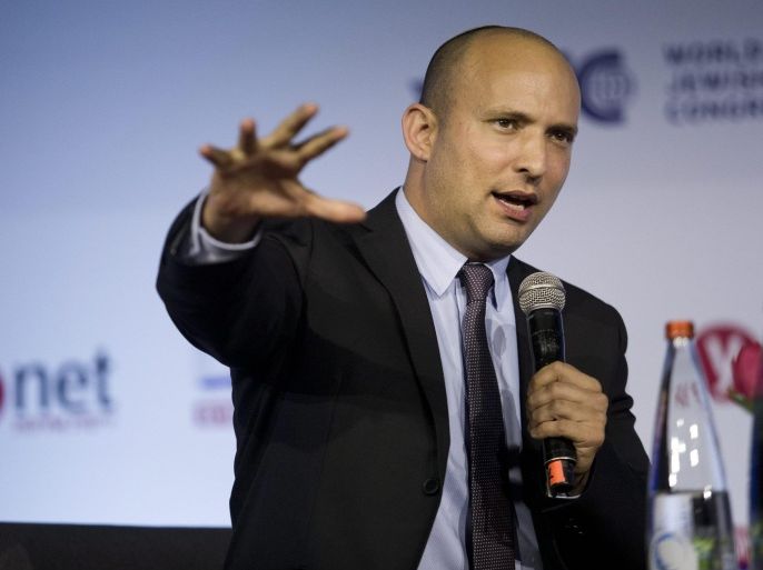 Israeli Education Minister Naftali Bennett speaks during a conference titled 'Fighting the Boycott' in Jerusalem, Israel, 28 March 2016. The conference organized by the Israeli newspaper Yedioth Ahronoth includes speeches by senior Israeli politicians speaking about how Israel reacts on the international efforts of the BDS Movement (Boycott, Divestment and Sanctions Movement) to boycott the country in the political, economic and cultural fields. The BDS movement aims at putting pressure on Israel to change its policy towards ending the occupation of Palestinian territories and the Golan Heights, equal rights for Arab-Palestinian Israelis and the right for Palestinian refugees to return.