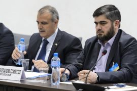 Syrian opposition body (HCN) delegation member George Sabra, delegation head Asaad al-Zoabi and Chief negotiator, Army of Islam rebel group's Mohammed Alloush, from left, attend a meeting on Syria peace talks with UN Syria Envoy at the United Nations office on Friday, April 15, 2016, in Geneva, Switzerland. (Fabrice Coffrini/Pool Photo via AP)