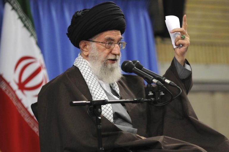 In this picture released by official website of the office of the Iranian supreme leader, Supreme Leader Ayatollah Ali Khamenei addresses a group of teachers in Tehran, Iran, Monday, May 2, 2016. Iran's Supreme Leader has criticized the U.S. Presence in the Persian Gulf region, saying American forces should go back to the Bay of Pigs. Ayatollah Ali Khamenei's website quoted him as telling a group of teachers Monday that American military drills in the region were proof of U.S. arrogance. (Office of the Iranian Supreme Leader via AP)