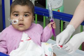 Baby Layla is seen at Great Ormond Street Hospital (GOSH) in London in this June 24, 2015 handout photo by the hospital released on November 5, 2015. One-year-old Layla, whom doctors thought almost certain to die, has been cleared of a previously incurable leukaemia in the first human use of an "off-the-shelf" cell therapy from Cellectis that creates designer immune cells. Layla had run out of all other treatment options when doctors at GOSH gave her the highly experimental, genetically edited cells in a tiny 1-milliliter intravenous infusion. Two months later, she was cancer-free and she is now home from hospital, the doctors said at a briefing about her case in London on November 4, 2015. REUTERS/Great Ormond Street Hospital/Handout via Reuters ATTENTION EDITORS - THIS PICTURE WAS PROVIDED BY A THIRD PARTY. THIS PICTURE IS DISTRIBUTED EXACTLY AS RECEIVED BY REUTERS, AS A SERVICE TO CLIENTS. NO COMMERCIAL OR BOOK SALES. FOR EDITORIAL USE ONLY. NO RESALES. NO ARCHIVE. NOT FOR SALE FOR MARKETING OR ADVERTISING CAMPAIGNS. NO THIRD PARTY SALES. NOT FOR USE BY REUTERS THIRD PARTY DISTRIBUTORS.