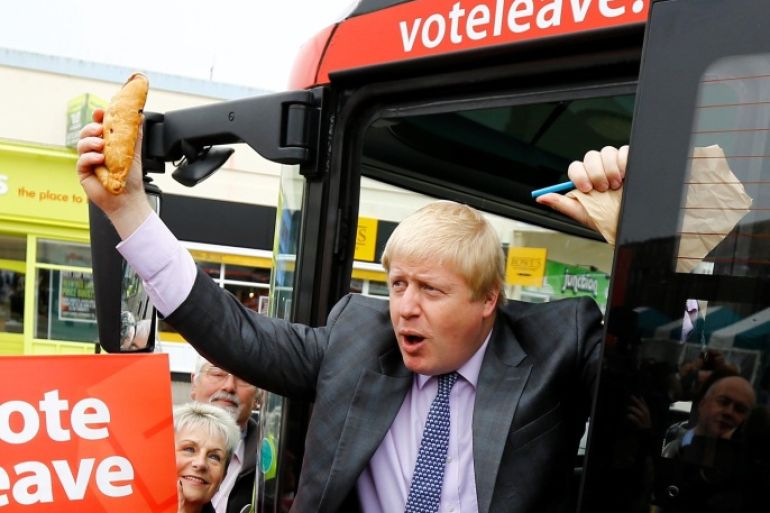 Former London Mayor Boris Johnson holds up a Cornish pasty during the launch of the Vote Leave bus campaign, in favour of Britain leaving the European Union, in Truro, Britain May 11, 2016. REUTERS/Darren Staples TPX IMAGES OF THE DAY
