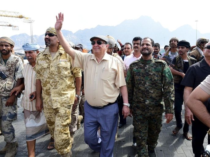 Yemen's President Abd-Rabbu Mansour Hadi gestures as he tours the cargo terminal of the Mualla port in this handout picture provided by the Yemeni Presidency office at the country's southern city of Aden, Yemen, January 4, 2016. REUTERS/Yemen's Presidency/Handout via ReutersATTENTION EDITORS - THIS IMAGE HAS BEEN SUPPLIED BY A THIRD PARTY. IT IS DISTRIBUTED, EXACTLY AS RECEIVED BY REUTERS, AS A SERVICE TO CLIENTS. FOR EDITORIAL USE ONLY. NOT FOR SALE FOR MARKETING OR ADVERTISING CAMPAIGNS. EDITORIAL USE ONLY. NO RESALES. NO ARCHIVE.