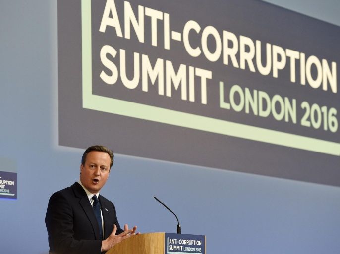 British Prime Minister, David Cameron, speaks during the Anti-Corruption Summit at Lancaster House in London, Britain, 12 May 2016. The Summit comes after the publication in April 2016 of the so-called Panama Papers leak on offshore tax havens and the people involved.