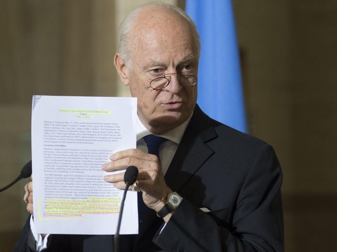 UN Special Envoy of the Secretary-General for Syria Staffan de Mistura speaks about the International Syria Support Group's Humanitarian Access Task Force, at the European headquarters of the United Nations, in Geneva, Switzerland, 19 May 2016. The Syrian pro-government forces retook control on 19 May over the southern region of Eastern Ghouta, the main opposition stronghold on the outskirts of Damascus, reported the Syrian Observatory for Human Rights, or SOHR.