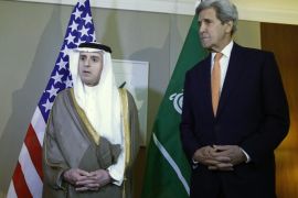 Saudi Foreign Minister Adel al-Jubeir (L) talks next to US Secretary of State John Kerry (R), during a meeting on Syria in Geneva, Switzerland, 02 May 2016.