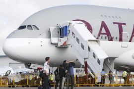 A Qatar Airways Airbus A380 on display during the Singapore Airshow, Singapore, Singapore, 16 February 2016. The fifth edition of the biennial Singapore Airshow will run from 16-21 February 2016 at the Changi Exhibition Centre and showcases over a 1000 aviation and defense exhibitors from 50 different countries.