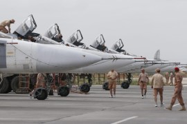 Russian technicians maintain Su-24 bomber at Hmeimym airbase in Latakia province, Syria, 04 May 2016. Hmeimym airbase serves as the base of operation for the Russian air force in Syria. The United States and Russia have agreed to extend the cease-fire in Syria to the city of Aleppo, the US State Department reported on 04 May.