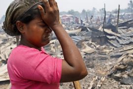 Rohingya woman cries near after a fire accident at a Baw Du Ba Muslim (Rohingya) internally displaced person (IDPs) camp near Sittwe, Rakhine State, western Myanmar, 03 May 2016. The fire broke out in the morning of 03 May 2016 at Rohingya IDPs camp which burned down 55 buildings, each with 8 rooms, making 1744 IDPs from 435 households homeless.