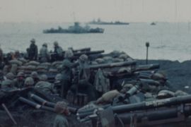 This photo provided by the University of South Carolina shows a scene from the Battle of Iwo Jima, recorded by the U.S. Marine Corps in 1945, is part of a collection of silent, color films being preserved by the Moving Image Research Collections at the University of South Carolina in Columbia, S.C. The university is in the process of preserving about 2,000 hours of film showing marines in action during World War II, Korea and Vietnam. (U.S. Marine Corps/University of South Carolina via AP)