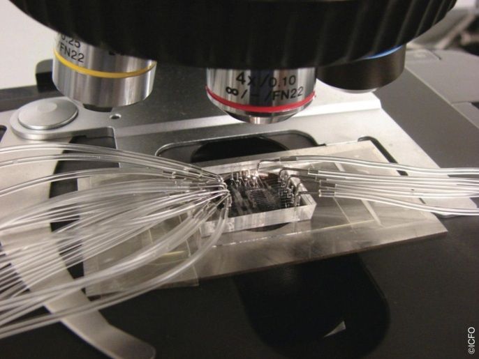 A handout picture released by the Institute of Photonic Sciences (ICFO) on 19 May 2014 shows an ultra-sensitive nano-chip that can detect cancer at early stages, at ICFO laboratory in Castelldefels, Catalonia, north-eastern Spain. The device, developed by an international team led by ICFO, is capable of detecting protein cancer markers in the blood using the very latest advances in plasmonics, nano-fabrication, microfluids and surface chemistry. Detecting cancer at early stages is key to the successful diagnosis and treatment of the disease. EPA/ICFO / HANDOUT