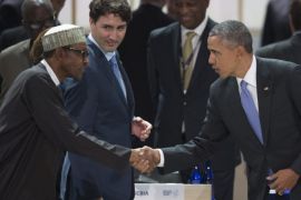 US President Barack Obama (R) shakes hands with President of Nigeria Muhammadu Buhari (L), as Prime Minister of Canada Justin Trudeau (C) looks on, at the closing plenary session of the 2016 Nuclear Security Summit at the Washington Convention Center in Washington, DC, USA, 01 April 2016. US President Barack Obama is hosting world leaders in the wake of the Belgian attacks and new intelligence on terrorist knowledge of nuclear facilities and security lapses.