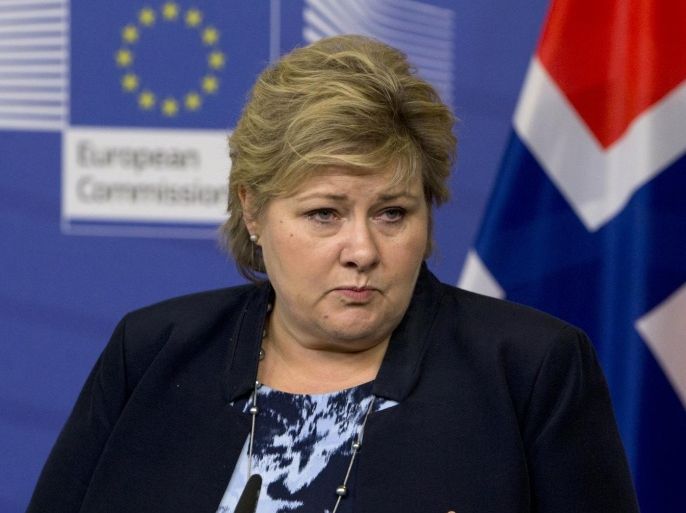 Norwegian Prime Minister Erna Solberg speaks during a media conference at EU headquarters in Brussels on Wednesday, March 2, 2016. (AP Photo/Virginia Mayo)