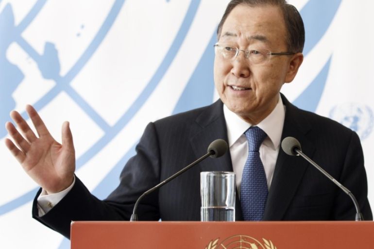 UN Secretary General Ban Ki-moon speaks at a media briefing during the Olympic flame stop at the European headquarters of the United Nations in Geneva, Switzerland, Friday, April 29, 2016. (Salvatore Di Nolfi/Keystone via AP)