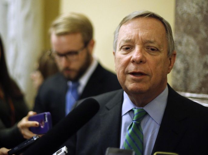 U.S. Senator Richard Durbin (D-IL) takes questions from reporters after Democratic and Republican party policy luncheons at the U.S. Capitol in Washington January 7, 2015. REUTERS/Jonathan Ernst (UNITED STATES - Tags: POLITICS)