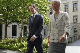 Britain's Chancellor of the Exchequer George Osborne (L), welcomes Christine Lagarde (R), Managing director of the International Monetary Fund (IMF), ahead of a joint news conference at the H.M. Treasury in London, Britain, 13 May 2016. The IMF capped a week of warnings by heavy-hitting supporters of Britain staying in the European Union, all unanimous in their view of the dire consequences of a so-called Brexit. EPA/LUKE MACGREGOR / POOL INTERNATIONAL POOL