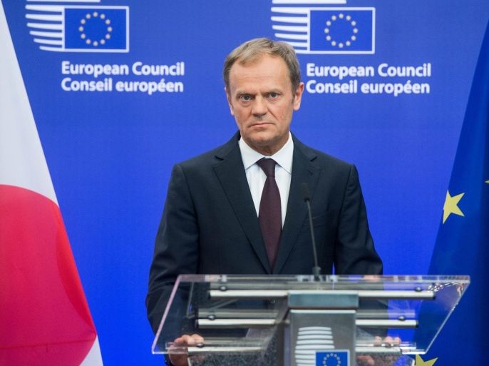 European Council President Donald Tusk speaks prior meeting with European Commission President Juncker and Japanese Prime Minister Abe (both not pictured) in Brussels, Belgium, 03 May 2016. Abe is on a week-long trip through Europe in preperation to Japan hosting the G7 Summit, and meeting with EU leaders for talks on the Japan-EU economic partnership agreement.