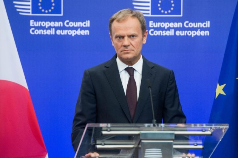 European Council President Donald Tusk speaks prior meeting with European Commission President Juncker and Japanese Prime Minister Abe (both not pictured) in Brussels, Belgium, 03 May 2016. Abe is on a week-long trip through Europe in preperation to Japan hosting the G7 Summit, and meeting with EU leaders for talks on the Japan-EU economic partnership agreement.