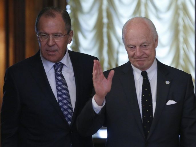 Russian Foreign Minister Sergei Lavrov (L) and UN peace envoy to Syria, Staffan de Mistura (R) arrive for their talks in Moscow, Russia, 03 May 2016. De Mistura met with Lavrov one day after a meeting with US Secretary of State John Kerry, as different parties try to restore the cessation of hostilities in Syria.