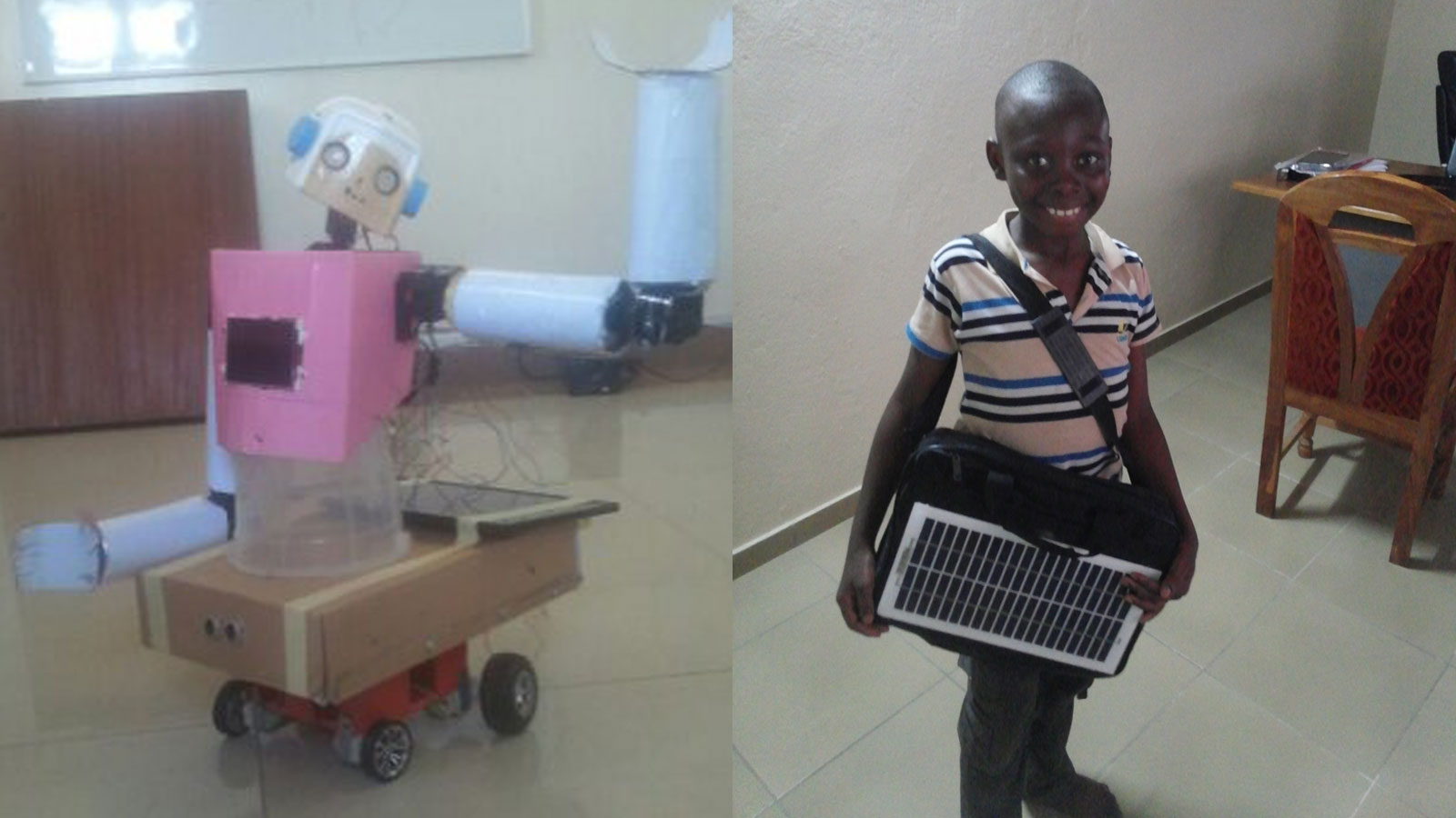 صورة كومبو لطفل من توغو يحمل الحقيبة الذكية، وإلى اليسار أحد الروبوتات التي طورها كودو (الجزيرة)