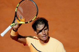 Spanish tennis player Rafael Nadal celebrates his victory over Russian Andrey Kuznetsov in their Mutua Madrid Open tennis tournament second round match at the Caja Magica Tennis Center in Madrid, Spain, 03 May 2016. The Mutua Madrid Open runs from 29 April until 08 May 2016.