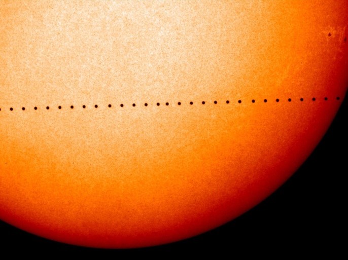 The 2016 Mercury planetary transit is seen in an undated NASA conceptual image. Mercury will pass between Earth and the sun in the rare astronomical event between about 7:12 a.m. and 2:42 p.m. EDT (11:12 - 18:42 GMT) on May 9, 2016. NASA/Handout via Reuters ATTENTION EDITORS - THIS IMAGE WAS PROVIDED BY A THIRD PARTY. EDITORIAL USE ONLY