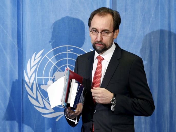 United Nations (U.N.) Human Rights High Commissioner Zeid bin Ra'ad Al Hussein arrives for a media briefing in Geneva, Switzerland, February 1, 2016. Syrian civilians is a potential war crime and crime against humanity that should be prosecuted and not covered by any amnesty linked to ending the conflict, Zeid, the top United Nations human rights official said on Monday. REUTERS/Denis Balibouse