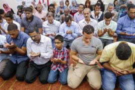 People pray during the Interfaith Memorial Service at the Louisville Islamic Center for the late Muhammad Ali in Louisville, Kentucky, USA, 05 June 2016. Born Cassius Clay, boxing legend Muhammad Ali, dubbed as 'The Greatest,' died on 03 June 2016 in Phoenix, Arizona, USA, at the age of 74, a family spokesman said. A public funeral procession and memorial service will be conducted 10 June 2016 in Louisville.