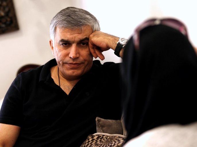 Human rights activists, Zainab al-Khawaja and Nabeel Rajab (L) talk during their meeting with activists after al-Khawaja's release from prison, Manama, Bahrain, June 3, 2016. REUTERS/Hamad I Mohammed