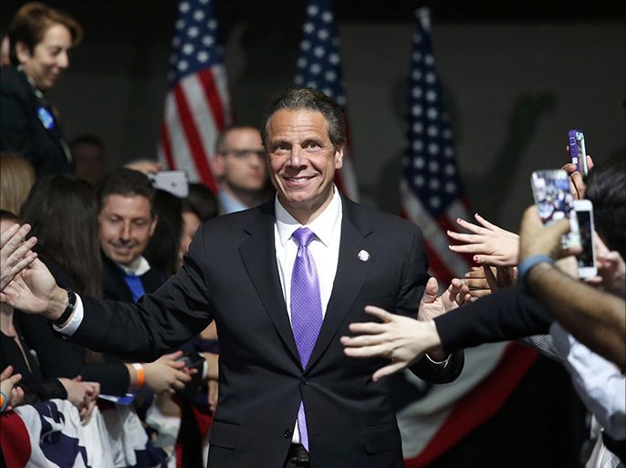 New York State Governor Andrew Cuomo enters the room before the arrival of Democratic U.S. presidential candidate Hillary Clinton at her New York presidential primary night rally in the Manhattan borough of New York City, U.S., April 19, 2016. REUTERS/Adrees Latif