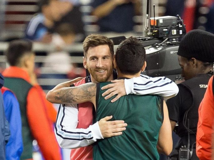 Jun 6, 2016; Santa Clara, CA, USA; Argentina midfielder Lionel Messi (10) hugs a Chile player after the game during the group play stage of the 2016 Copa America Centenario at Levi's Stadium. Argentina defeated Chile 2-1. Mandatory Credit: Kelley L Cox-USA TODAY Sports