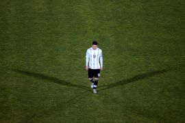 FILE PHOTO - Argentina's Lionel Messi reacts after his team's loss to Chile in their Copa America 2015 final soccer match at the National Stadium in Santiago, Chile, July 4, 2015. REUTERS/Ricardo Moraes/File Photo