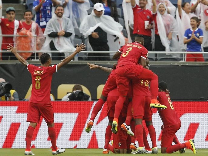 Jun 6, 2016; Orlando, FL, USA; (Editors note: Caption correction) Panama forward Blas Perez (7) celebrates a goal with teammates against the Panama in the first half of a soccer match during the group play stage of the 2016 Copa America Centenario at Camping World Stadium. Mandatory Credit: Reinhold Matay-USA TODAY Sports