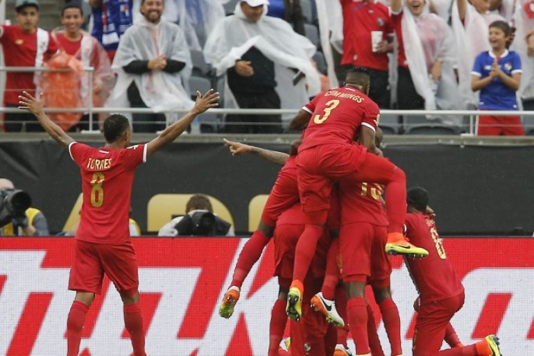 Jun 6, 2016; Orlando, FL, USA; (Editors note: Caption correction) Panama forward Blas Perez (7) celebrates a goal with teammates against the Panama in the first half of a soccer match during the group play stage of the 2016 Copa America Centenario at Camping World Stadium. Mandatory Credit: Reinhold Matay-USA TODAY Sports
